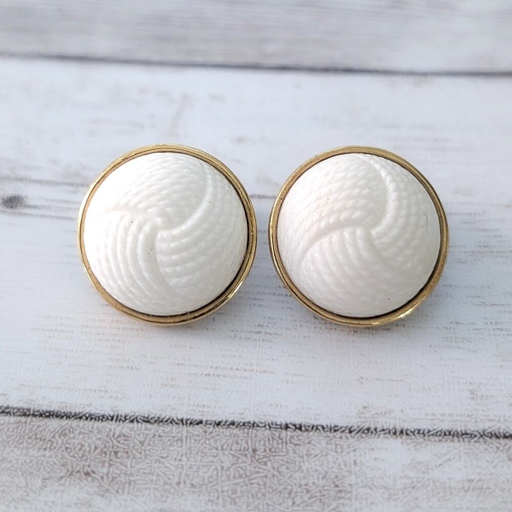 Vintage Monet Clip On Earrings Domed White with Gold Tone 1980's Statement